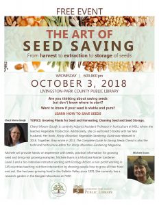Art of Seed Saving Workshop Flyer October 3, 2018 in Livingston MT with Cheryl Moore-Gough and Michele Evans